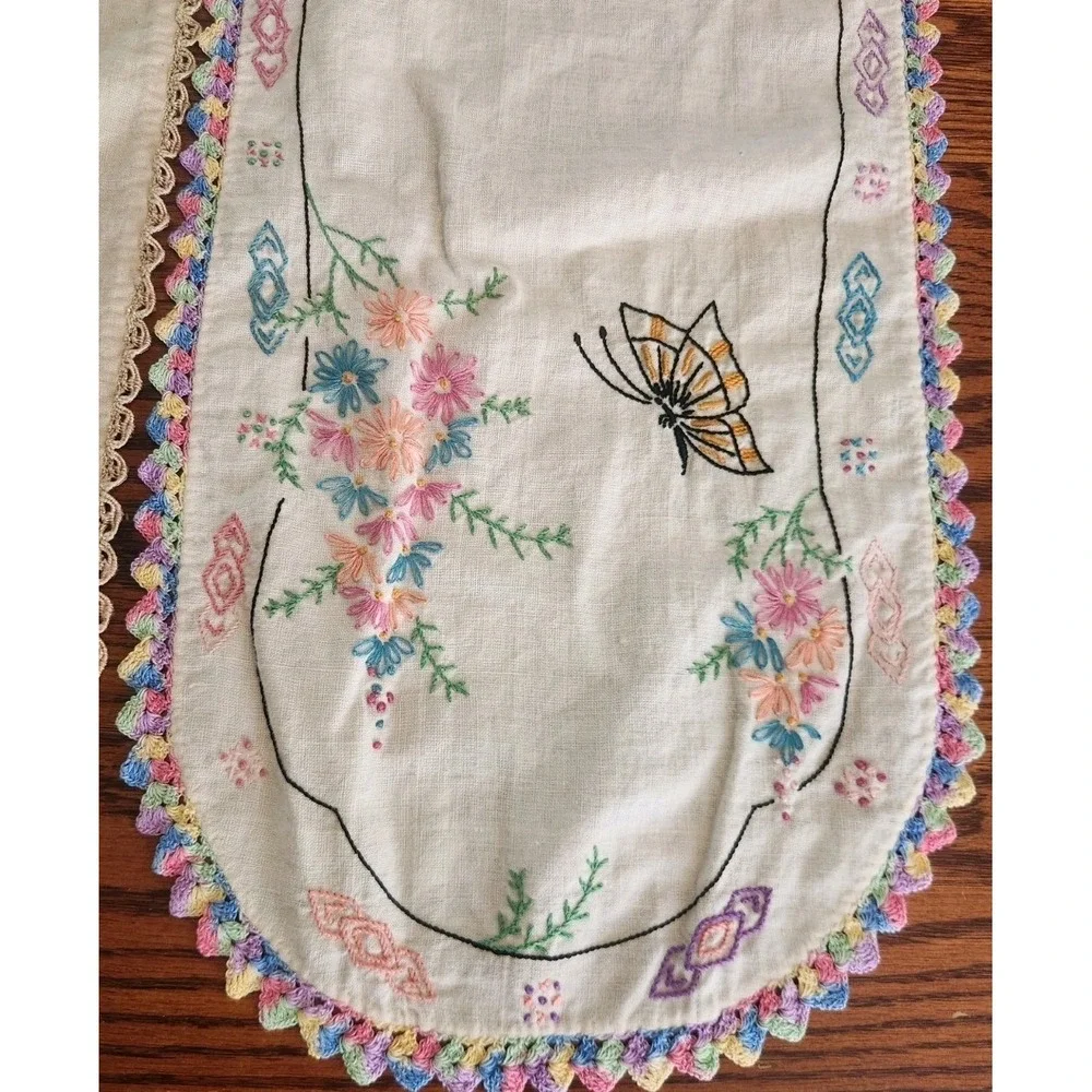 2 1960s Dresser Scarf with Embroidery & Crochet Edging, Linen Floral Butterflies